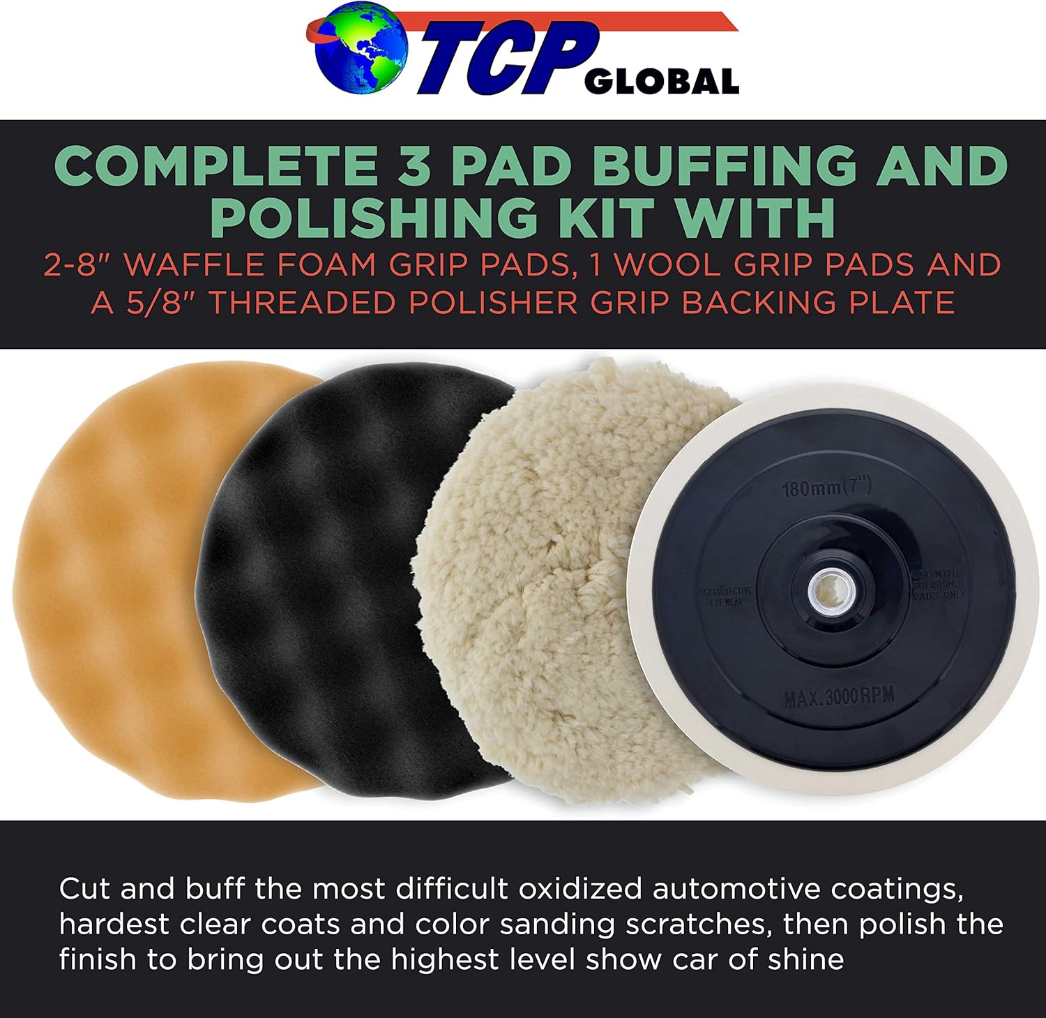 TC Globa Complet Pa Buffin an Polishin Ki wit 3-8inc Pads Waffl Foa an Woo Gri Pad an 5/8inc Threade Polishe Gri Backin Plate