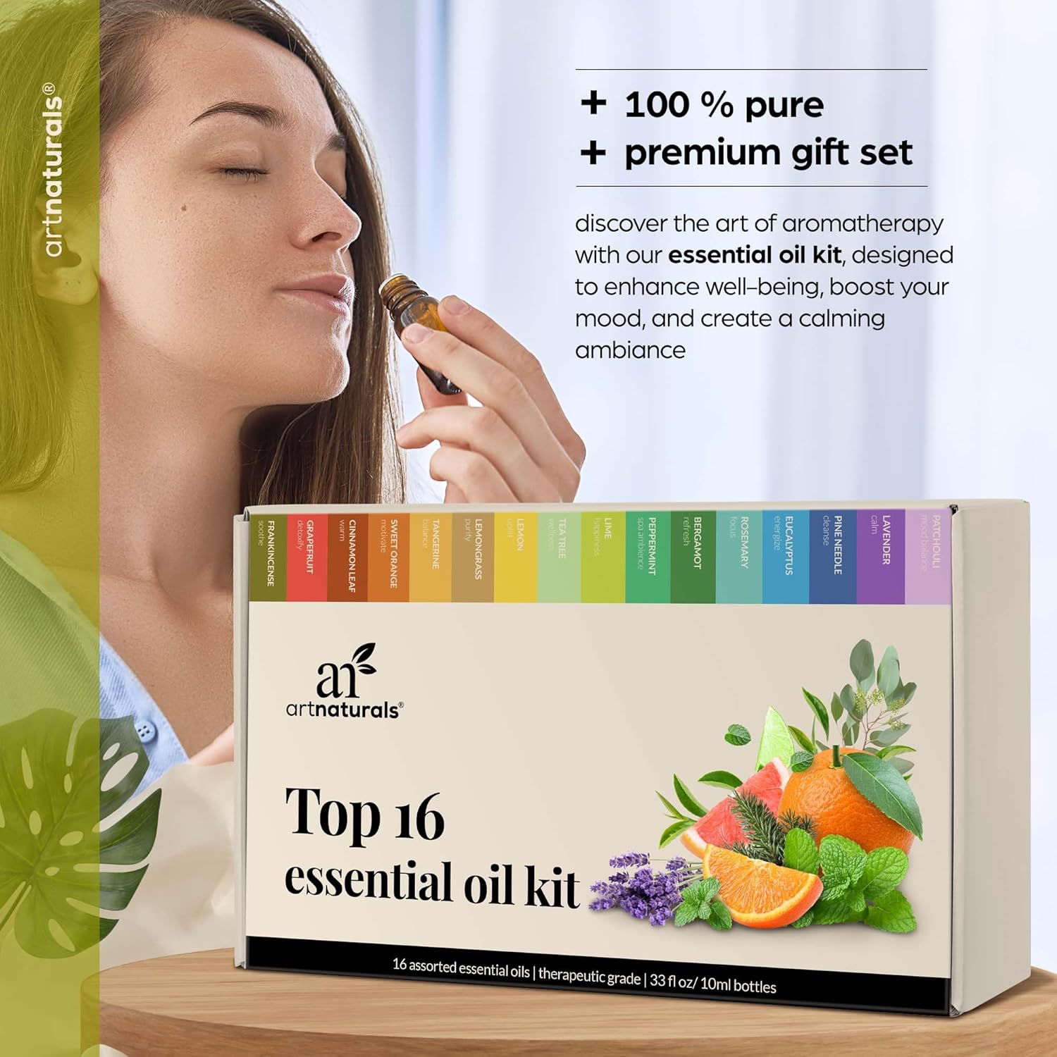 ArtNatural Aromatherap Essentia Oi Se 100 Pur o Th Highes Therapeuti Grad Qualit Premiu Gif Se Lavender Peppermint Te Tree Eucalyptus 0.3 F O (Pac o 16)