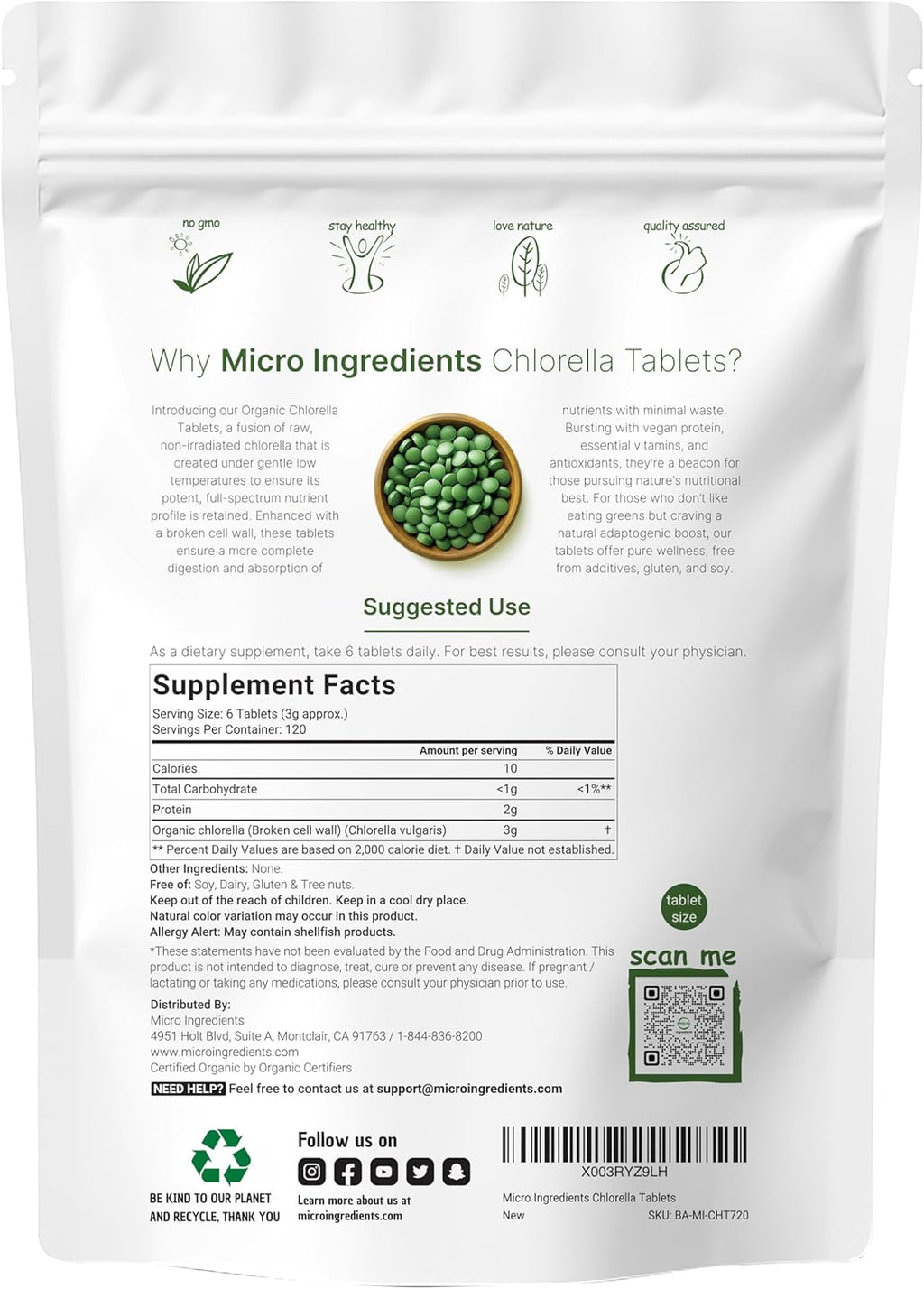 Organi Chlorell Tablets 500m Pe Tablet 72 Tab (36 Grams) Month Supply Broke Cel Wall Ric i Vega Protei Vitamins N Filler N Additive Non-GM Pur Gree Alga Superfood