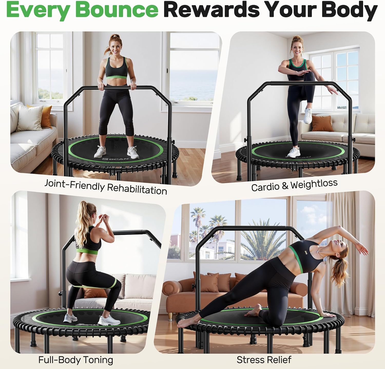 BCAN 40inch/48inch Mini Rebounder Trampoline for Adults with Bar, 450/550LBS Fitness Trampoline with Bungees, Adjustable Handle, Stable Quiet, Indoor Outdoor, Whole-Body Workout Relaxation at Home