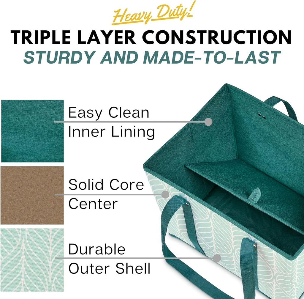 Reusable Grocery Bags (3 Pack) ¨C Heavy Duty Reusable Shopping Bags for Groceries with Box Shape to Stand Up, Stay Open, Fold Flat ¨C Large Tote-Bag is Foldable with Long Handles Hard Bottom (Green)