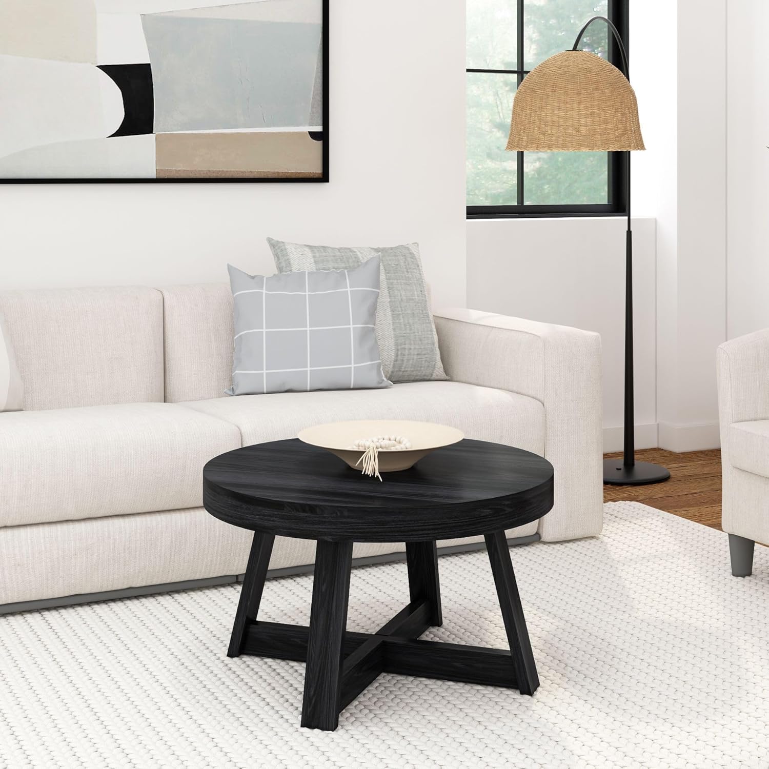 Plank+Beam Classic Round Coffee Table, 30 Inch Farmhouse Coffee Table, Mini Center Tables for Small Spaces, Small Living Space Tea Table, Black Wirebrush