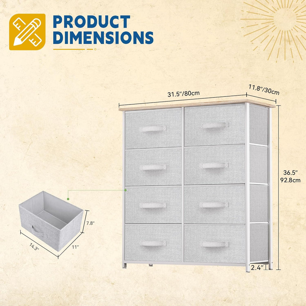 DWVO Fabric Dresser for Bedroom, Tall Dresser with 8 Drawers, Storage Tower with Fabric Bins, Chest of Drawers for Closet & Living Room - Sturdy Steel Frame, Wooden Top