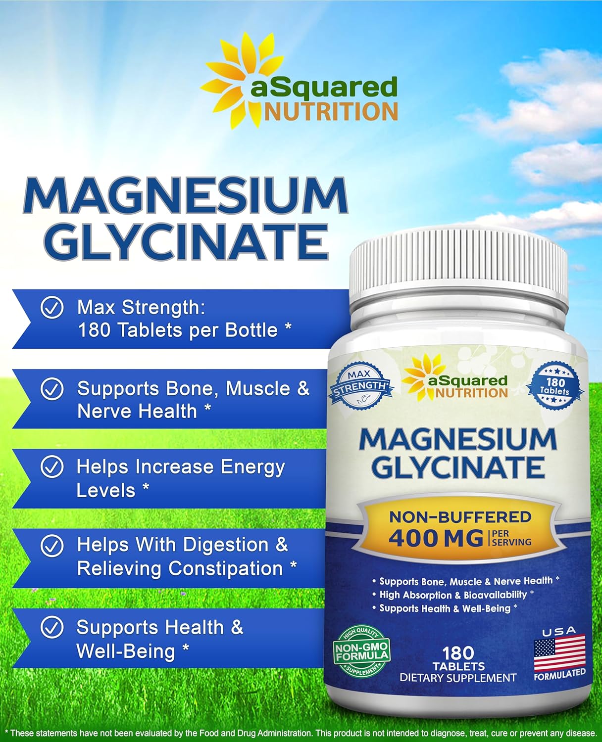 aSquare Nutritio Magnesiu Glycinat 400m 18 Tablet Ma Strengt Magnesiu Bisglycinat Supplemen -Maximu Bioavailabilit Absorption-Non-GM -No Buffered-Support Muscles Bone Heart