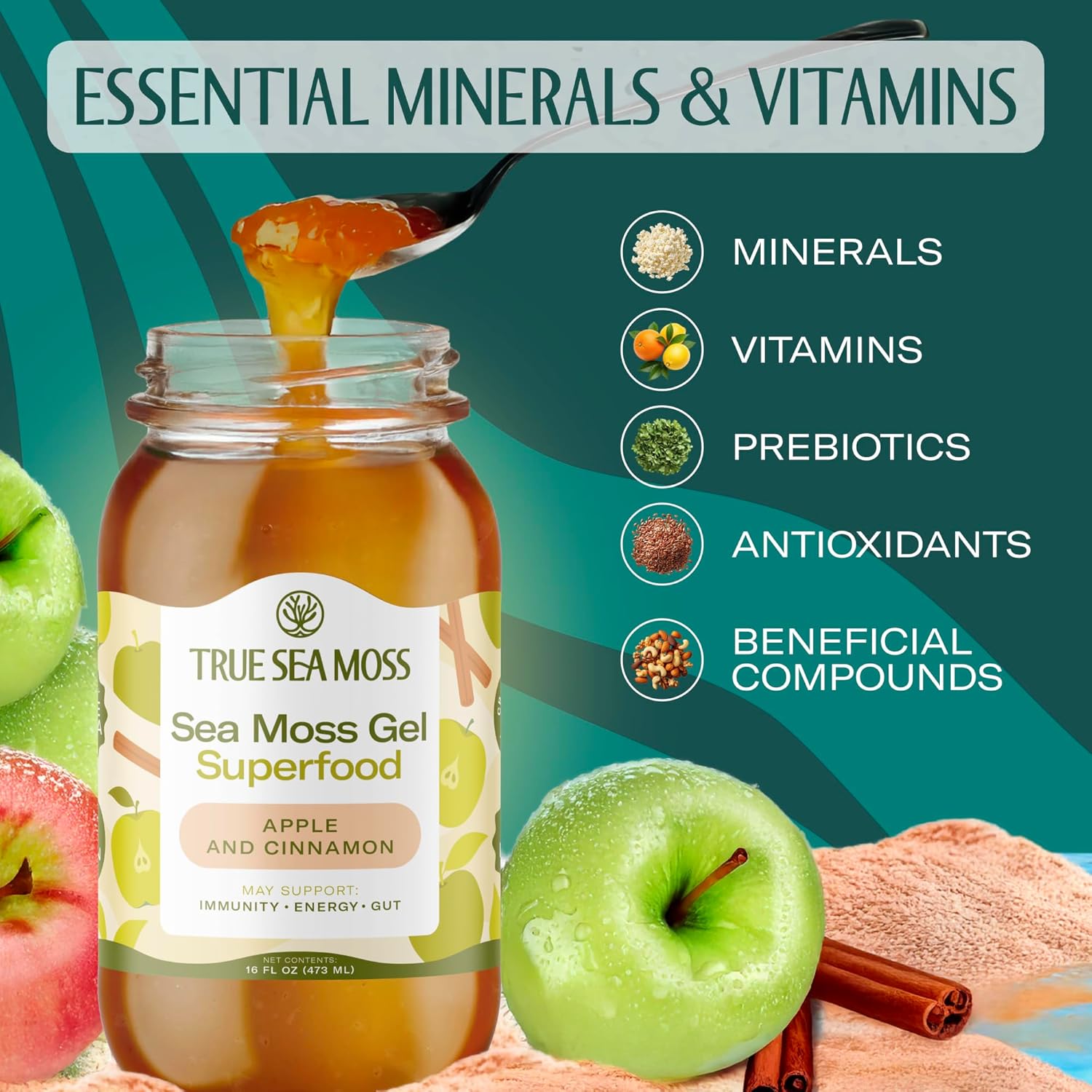 TrueSeaMoss Sea Moss Gel ¨C Made in USA ¨C Wildcrafted Seamoss, Fruits Jarred Vegetables ¨C Apple/Cinnamon, Pack of 1 (Labels may Vary)