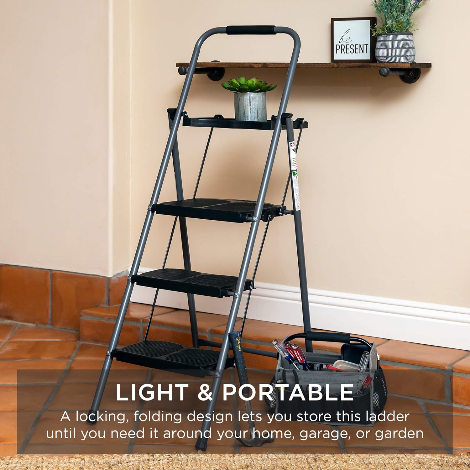 Bes Choic Product 3-Ste Ladde wit Too Tray Portabl Foldin Wid Anti-Sli Ste Stool Han Gri fo Hom an Office 330l Capacity