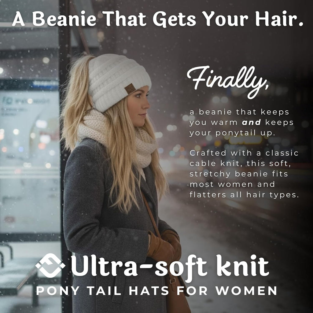 Funky Junque Ponytail Beanie for Women - Winter Ponyback Hat Soft Stretch Cable Knit High Pony Tail Womens Running Hats