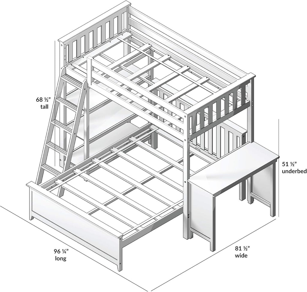 Max & Lily Bunk Bed, L Shape Twin-Over-Full Bed Frame For Kids With Bookcase and Desk, White