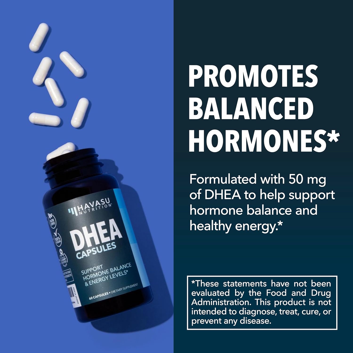 DHEA 50mg Supplement for Hormone Balance - Supports Energy for Men and Women - Dehydroepiandrosterone Capsules for Mood, Aging Daily Vitality - Non-GMO, Vegan - 60 Capsules, 2-Month Supply