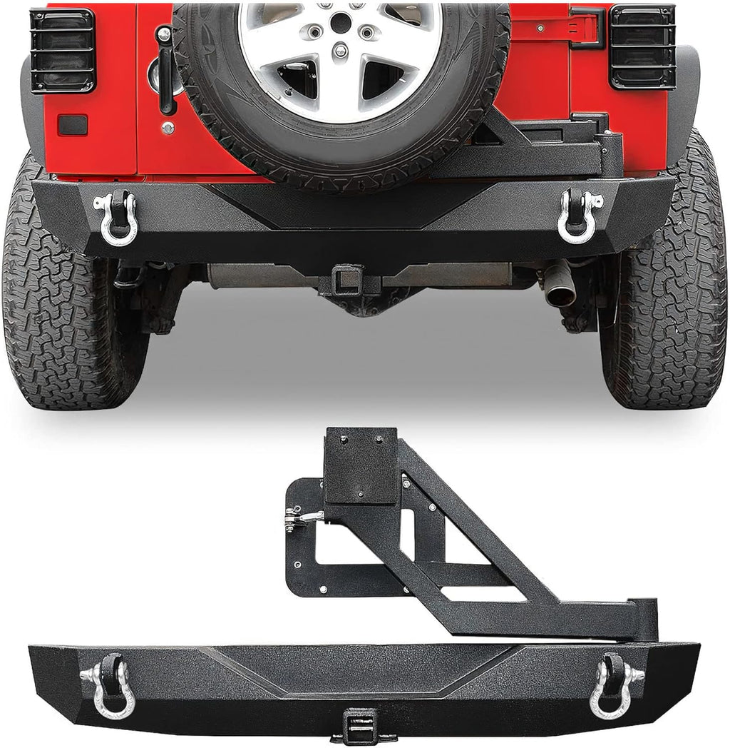 LEDKINGDOMUS Rear Bumper with Tire Carrier and 2inch Hitch Receiver Compatible with 07-18 Wrangler JK JKU Rubicon Sahara Sports Model Offroad Rock Crawler Bumper Textured Black