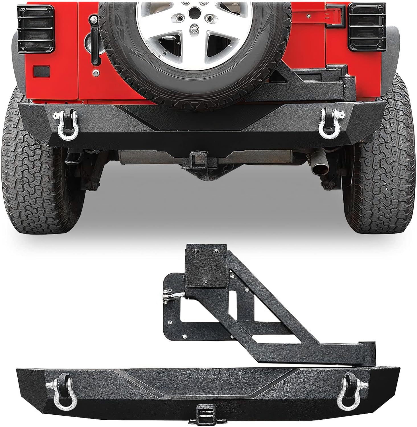 LEDKINGDOMUS Rear Bumper with Tire Carrier and 2inch Hitch Receiver Compatible with 07-18 Wrangler JK JKU Rubicon Sahara Sports Model Offroad Rock Crawler Bumper Textured Black