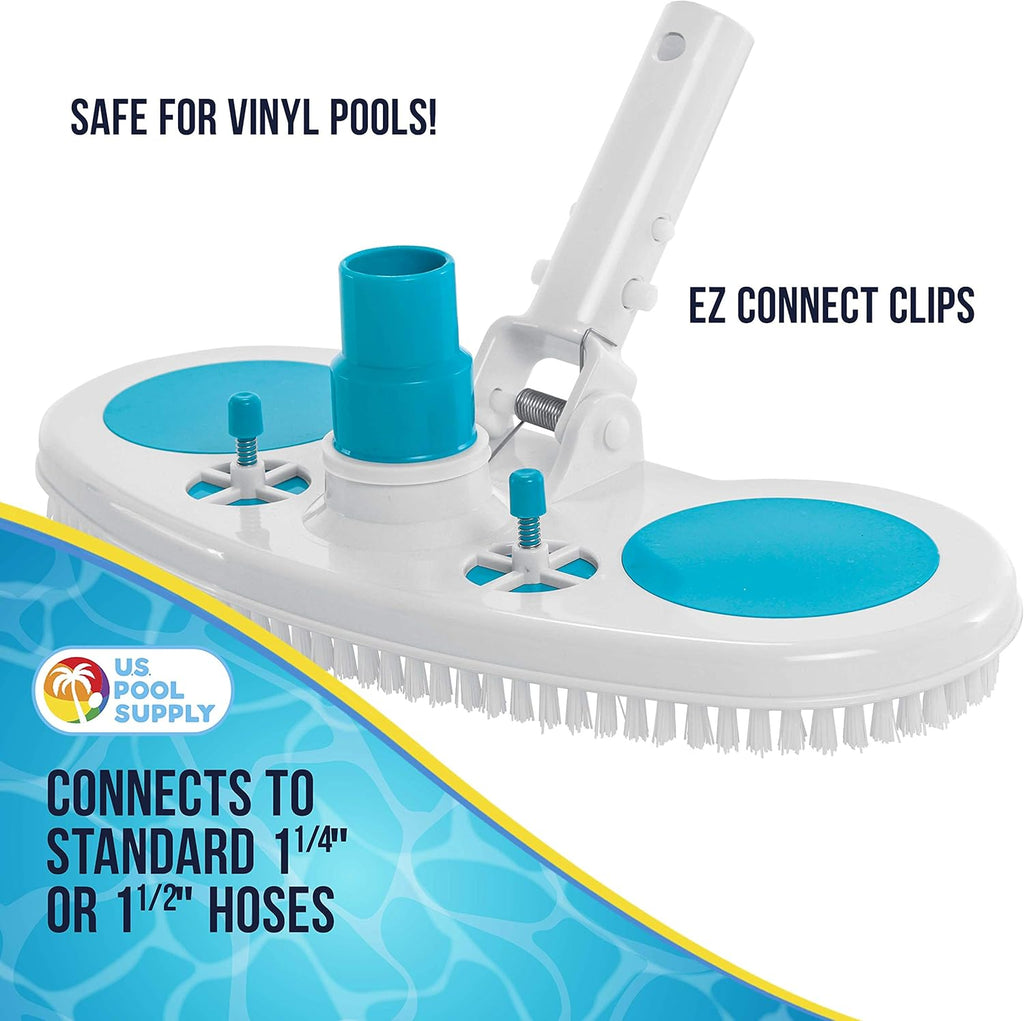 U.S. Pool Supply 13inch Weighted Pool Vacuum Head with Nylon Bristles, Swivel Hose Connection, EZ Clip Handle - Connect 1-1/4inch or 1-1/2inch Hose - Removes Debris, Cleans Floors - Safe for Vinyl Lined Pools