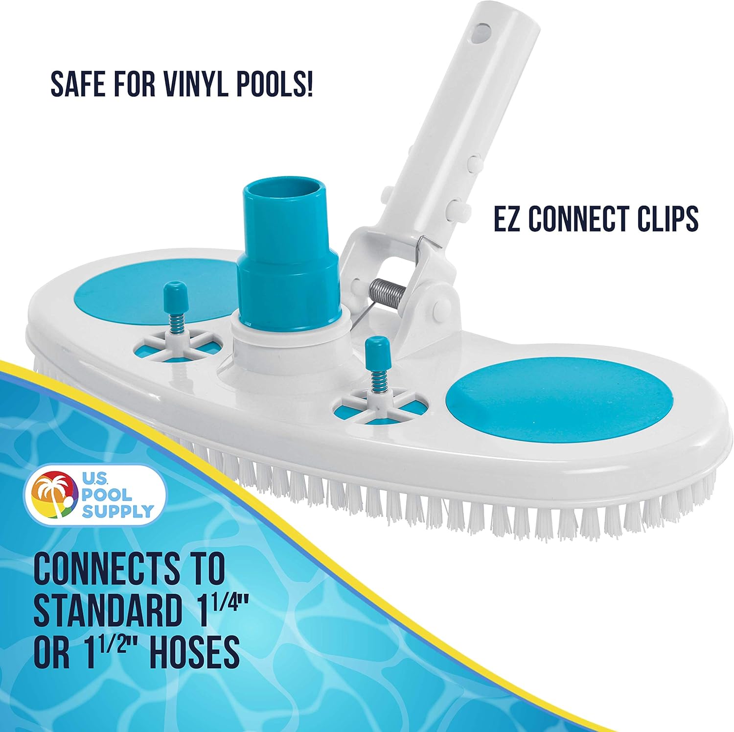 U.S. Pool Supply 13inch Weighted Pool Vacuum Head with Nylon Bristles, Swivel Hose Connection, EZ Clip Handle - Connect 1-1/4inch or 1-1/2inch Hose - Removes Debris, Cleans Floors - Safe for Vinyl Lined Pools