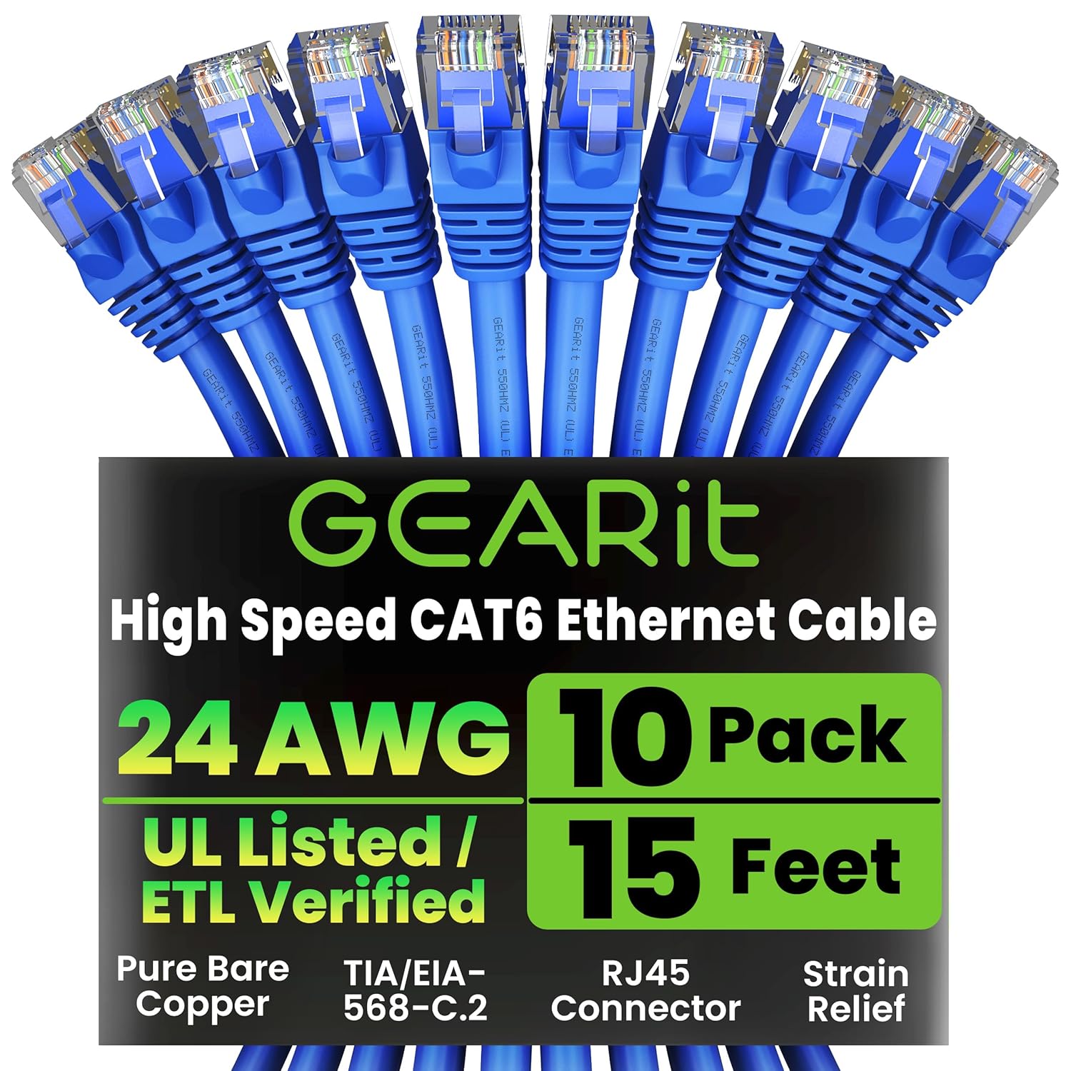 GEARit Cat 6 Ethernet Cable Pack - 10-Pack 15 ft Cat6 Ethernet Patch Cables | RJ45 Network Patch Cable, 10 Gbps Snagless Gold-Plated Connectors - Ethernet Cable Cat 6 for PC, TV, Router - Blue