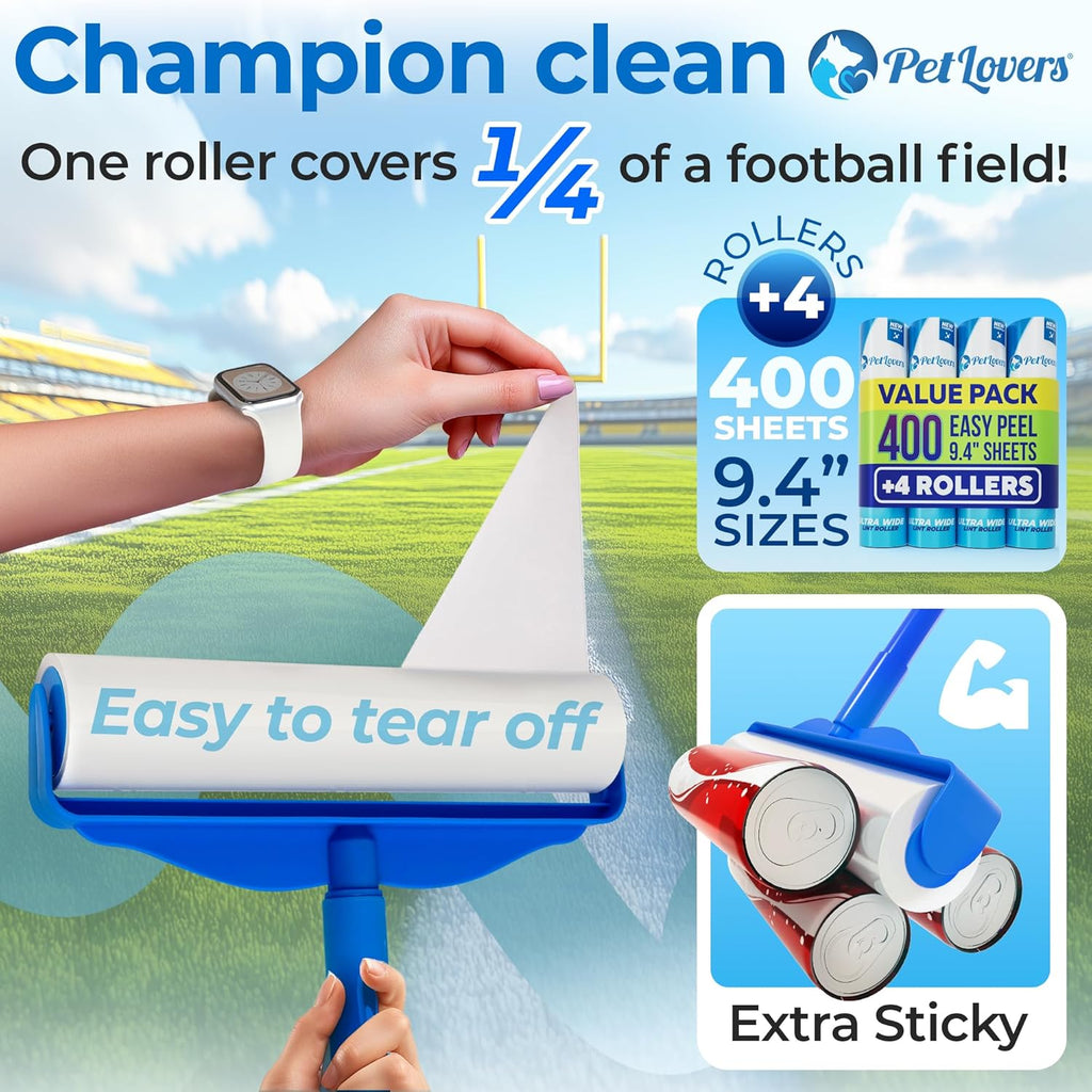 PetLovers Large Lint Roller with 3 Refills ¨C 400 Total Sheets for Tackling Pet Hair, Extra Large Floor and Carpet Roller for Homes with Pets, Perfect for Floors, Furniture, and Loving Pet Owners