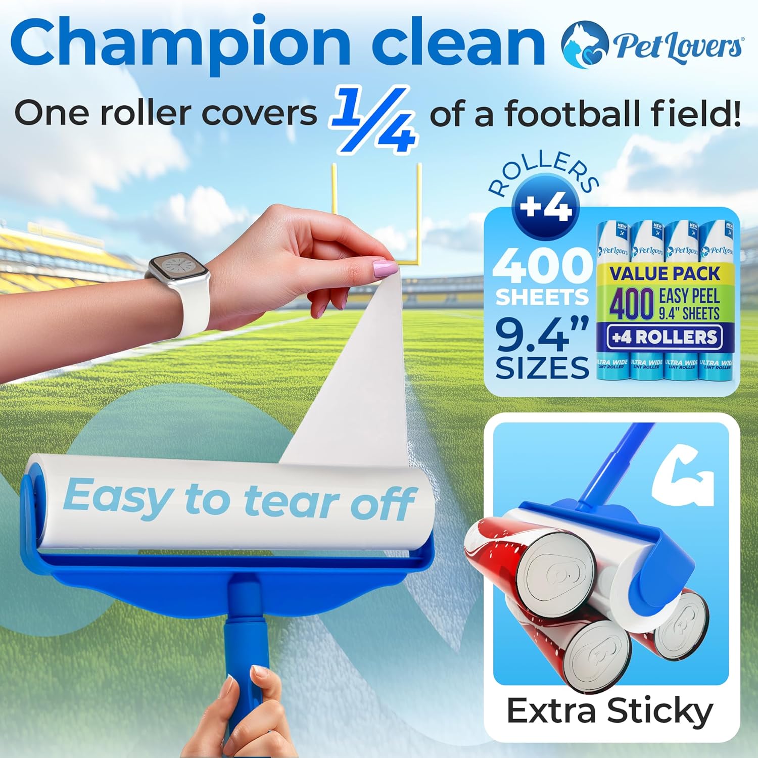 PetLovers Large Lint Roller with 3 Refills ¨C 400 Total Sheets for Tackling Pet Hair, Extra Large Floor and Carpet Roller for Homes with Pets, Perfect for Floors, Furniture, and Loving Pet Owners