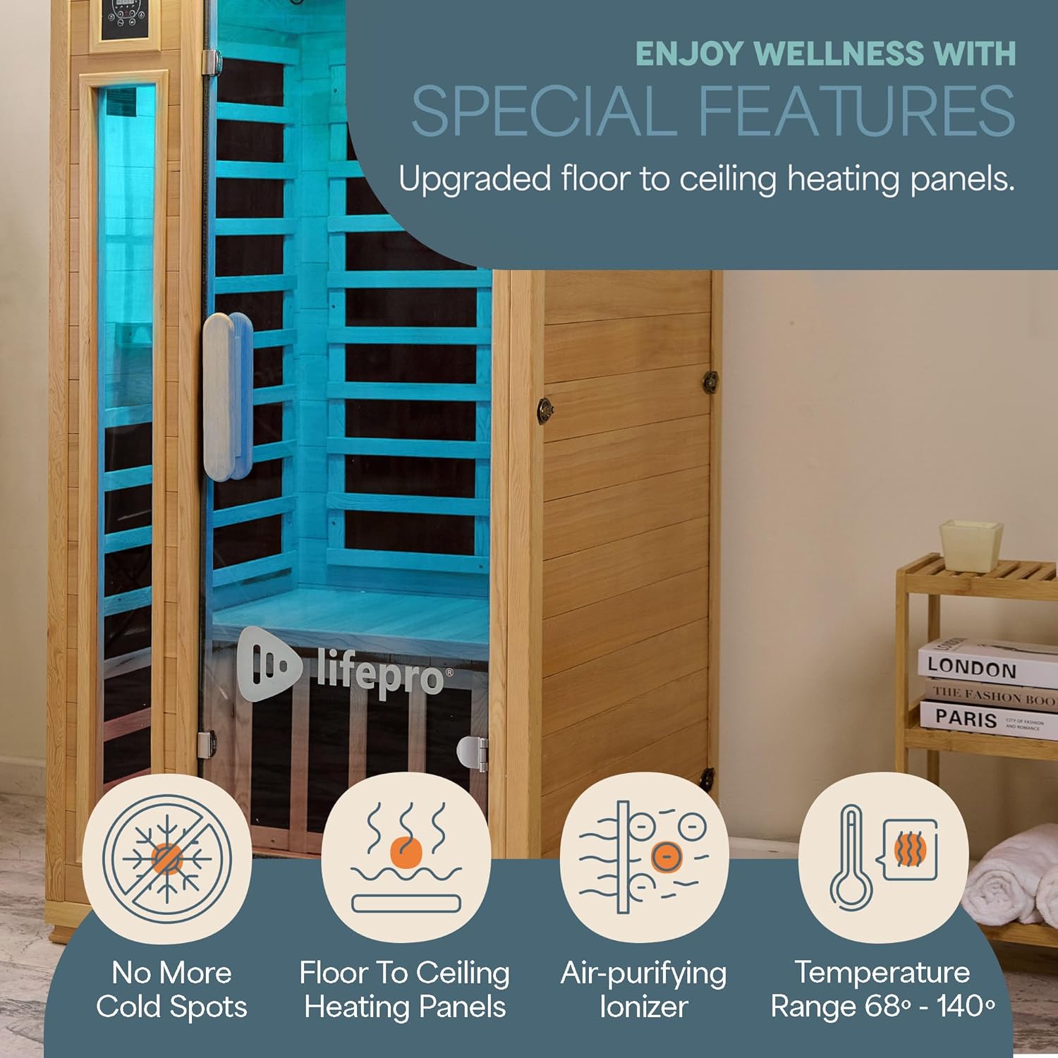 LifePro 1 Person Far Infrared Sauna for Home - Home Sauna, Tempered Glass Door, Oxygen Ionizer, & 7 Chromotherapy Lights for Indoor Sauna - Canadian Hemlock Wood Dry Sauna with Bluetooth Sound System