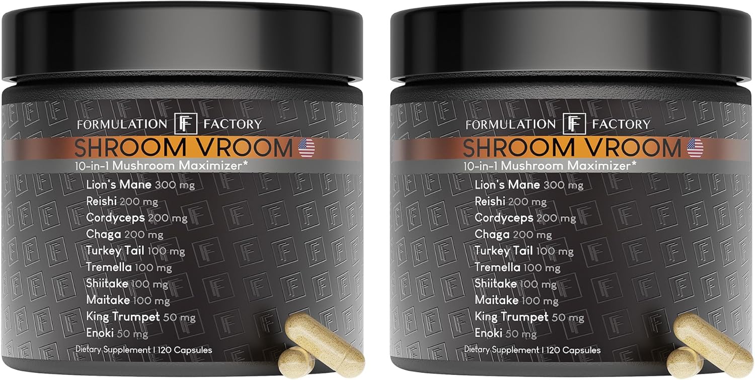 Formulation Factory Shroom Vroom: 10-in-1 Mushroom Supplement, Lion¡¯s Mane, Reishi, Cordyceps, Chaga, Turkey Tail, Tremella, Shiitake, Maitake, King Trumpet & Enoki 240 Count (Pack of 2)