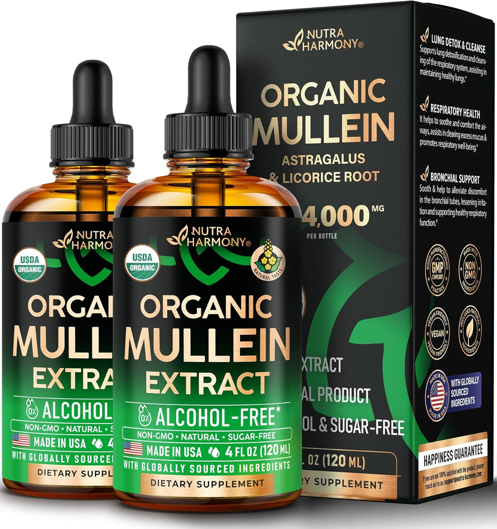 Mullein Drops for Lungs - USDA Organic Liquid - Mullein Leaf Extract Supplement - Made in USA - Lung Bronchial Cleanse for Smokers - Respiratory Health Support - As Tincture, Tea, Pills - Pack of 2