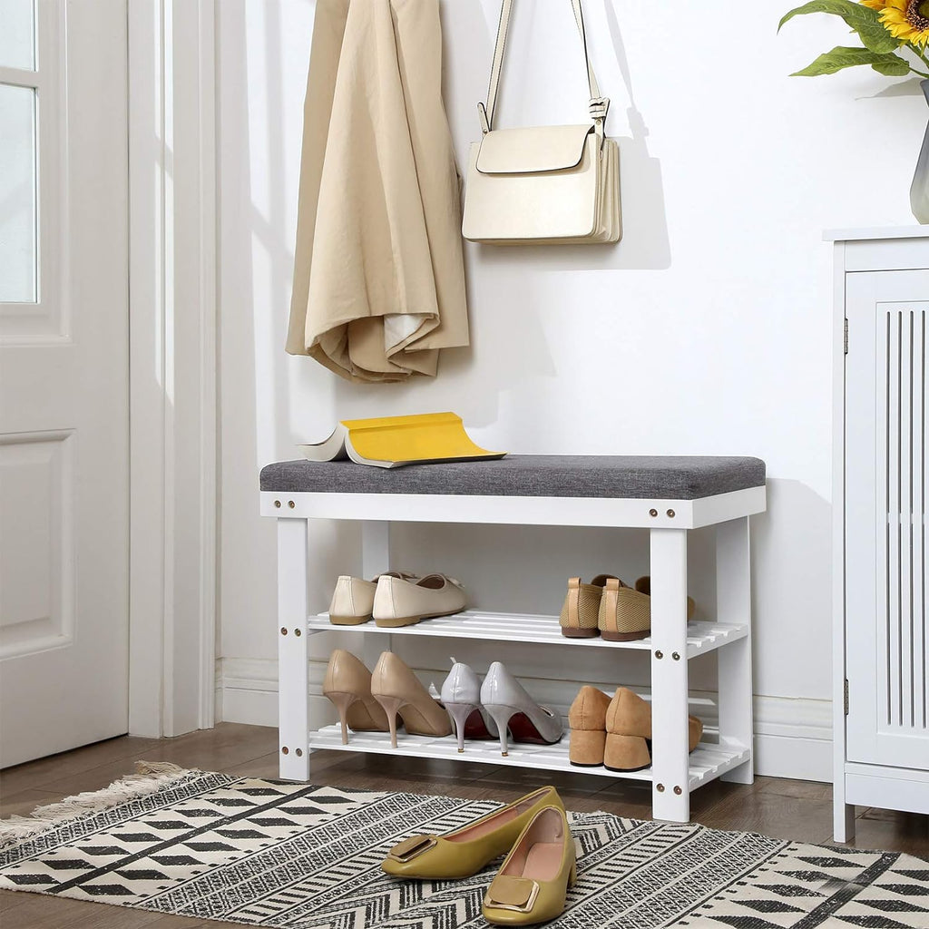 SONGMICS Bamboo Shoe Bench, 3-Tier Shoe Rack Organizer for Entryway, Living Room, Bench Seat Holds Up to 300 lb, 11.9 x 28.3 x 19.2 Inches, Cloud White and Slate Gray ULBS604W01