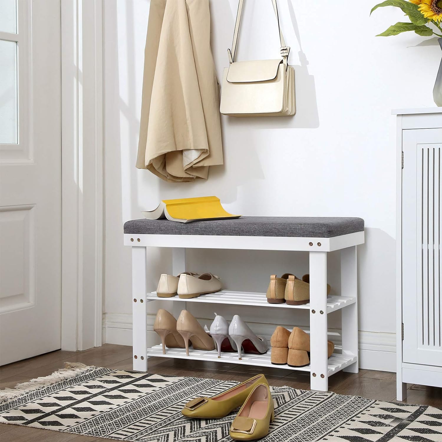 SONGMICS Bamboo Shoe Bench, 3-Tier Shoe Rack Organizer for Entryway, Living Room, Bench Seat Holds Up to 300 lb, 11.9 x 28.3 x 19.2 Inches, Cloud White and Slate Gray ULBS604W01