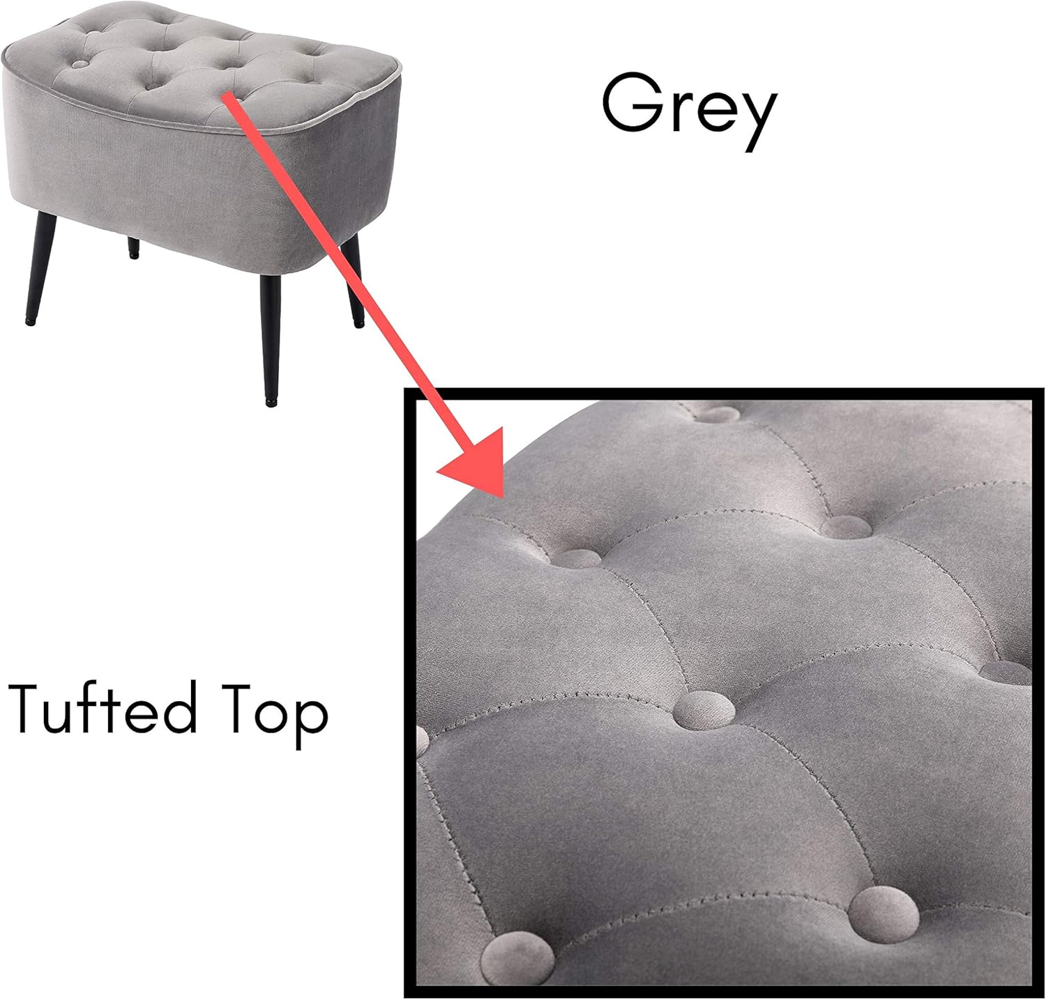 BIRDROCK HOME Tufted Curve Ottoman Velvet Foot Stool - Upholstered Padded Footrest for Living Room or Bedroom - Small Cushioned Accent Chair for Couch, Sofa, Large Seating - Modern Furniture - Grey