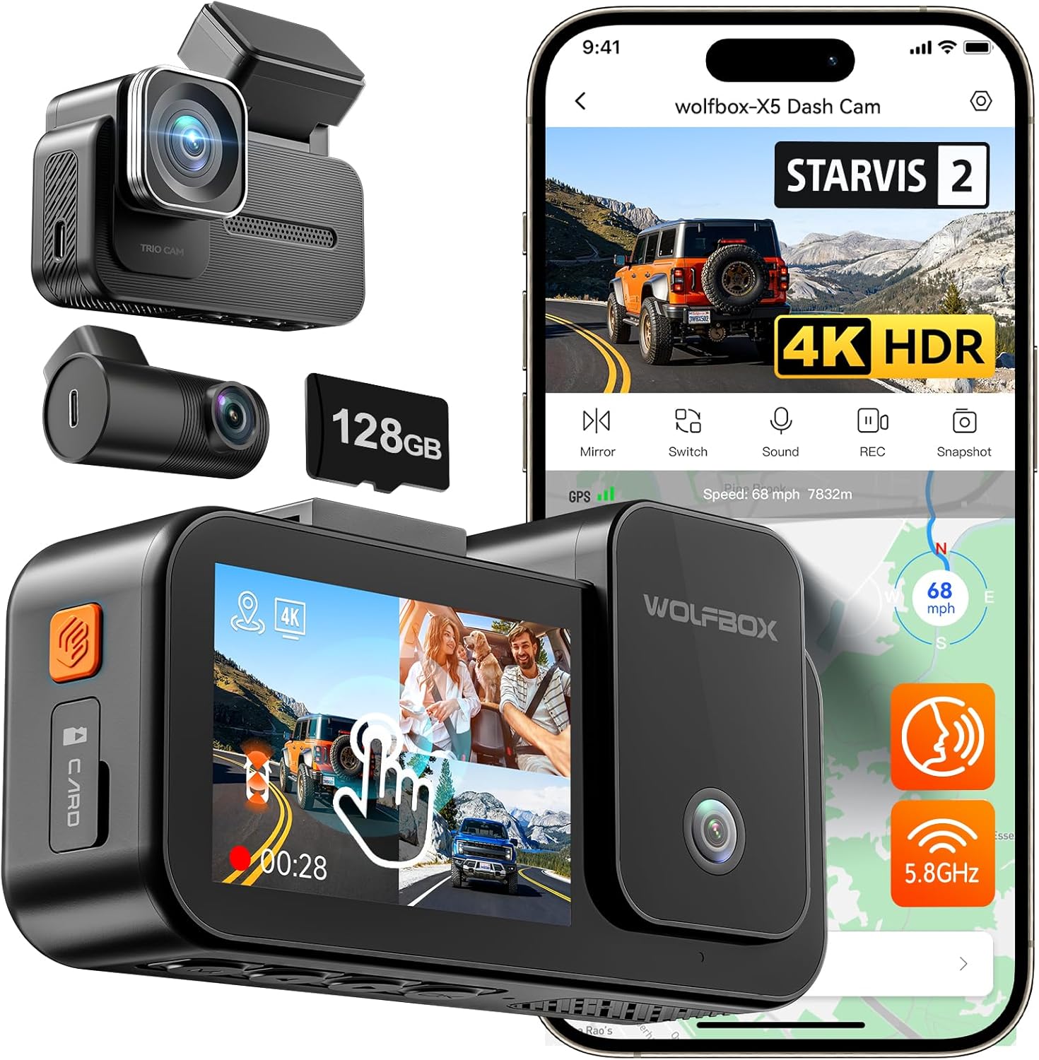 WOLFBO X Channe 4 HD Das Cam STARVI IMX67 8M Nigh Vision 4K+2.5K+1080 Fron an Rea Insid Ca Camer wit 128G Car an GPS Suppor Voic Control Touc Scree an 5.8GH WiFi