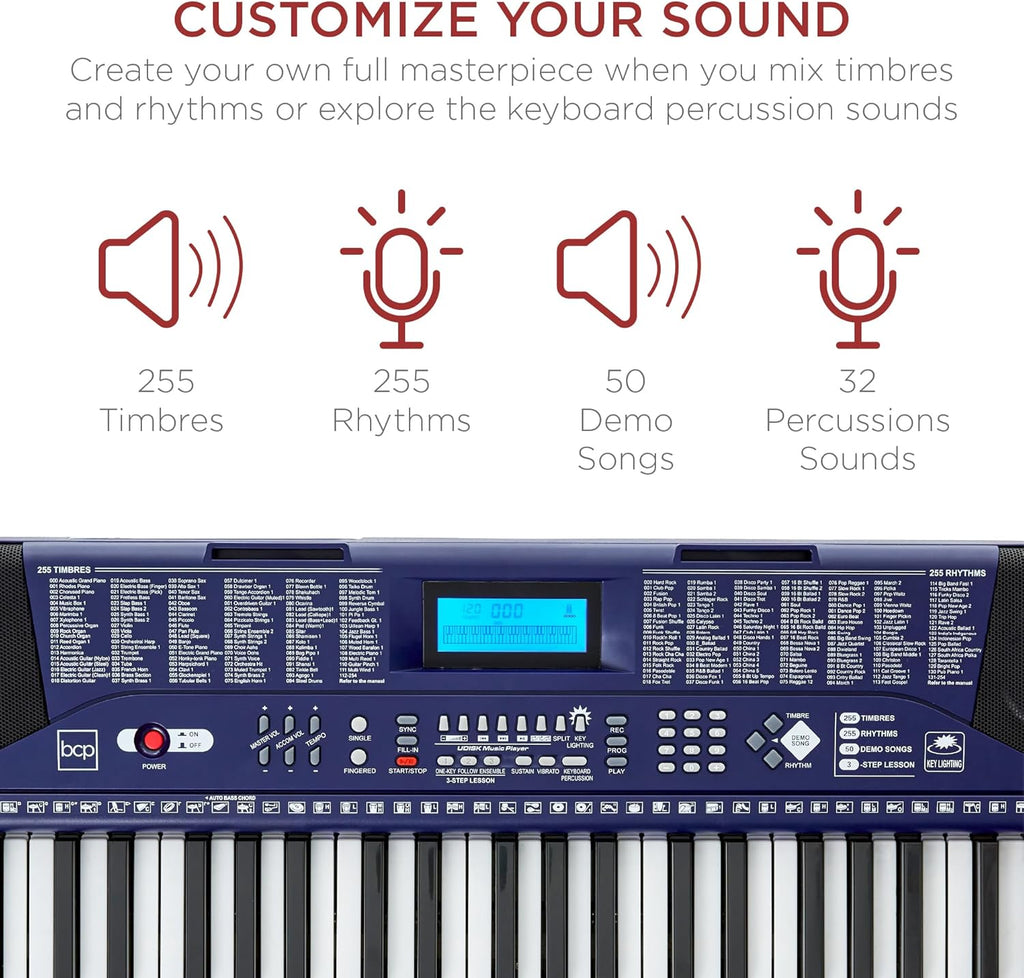 Best Choice Products 61-Key Beginners Complete Electronic Keyboard Piano Set w/Lighted Keys, LCD Screen, Headphones, Stand, Bench, Teaching Modes, Note Stickers, Built-In Speakers - Blue