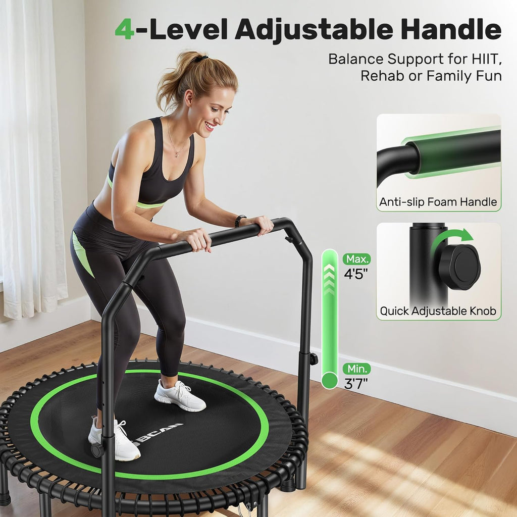 BCAN 40inch/48inch Mini Rebounder Trampoline for Adults with Bar, 450/550LBS Fitness Trampoline with Bungees, Adjustable Handle, Stable Quiet, Indoor Outdoor, Whole-Body Workout Relaxation at Home