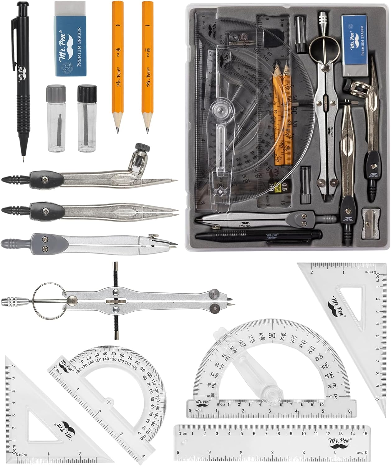 Geometry Set with 6 Inch Swing Arm Protractor, Divider, Set Squares, Ruler, Compasses and Protractor, 15 Piece Set