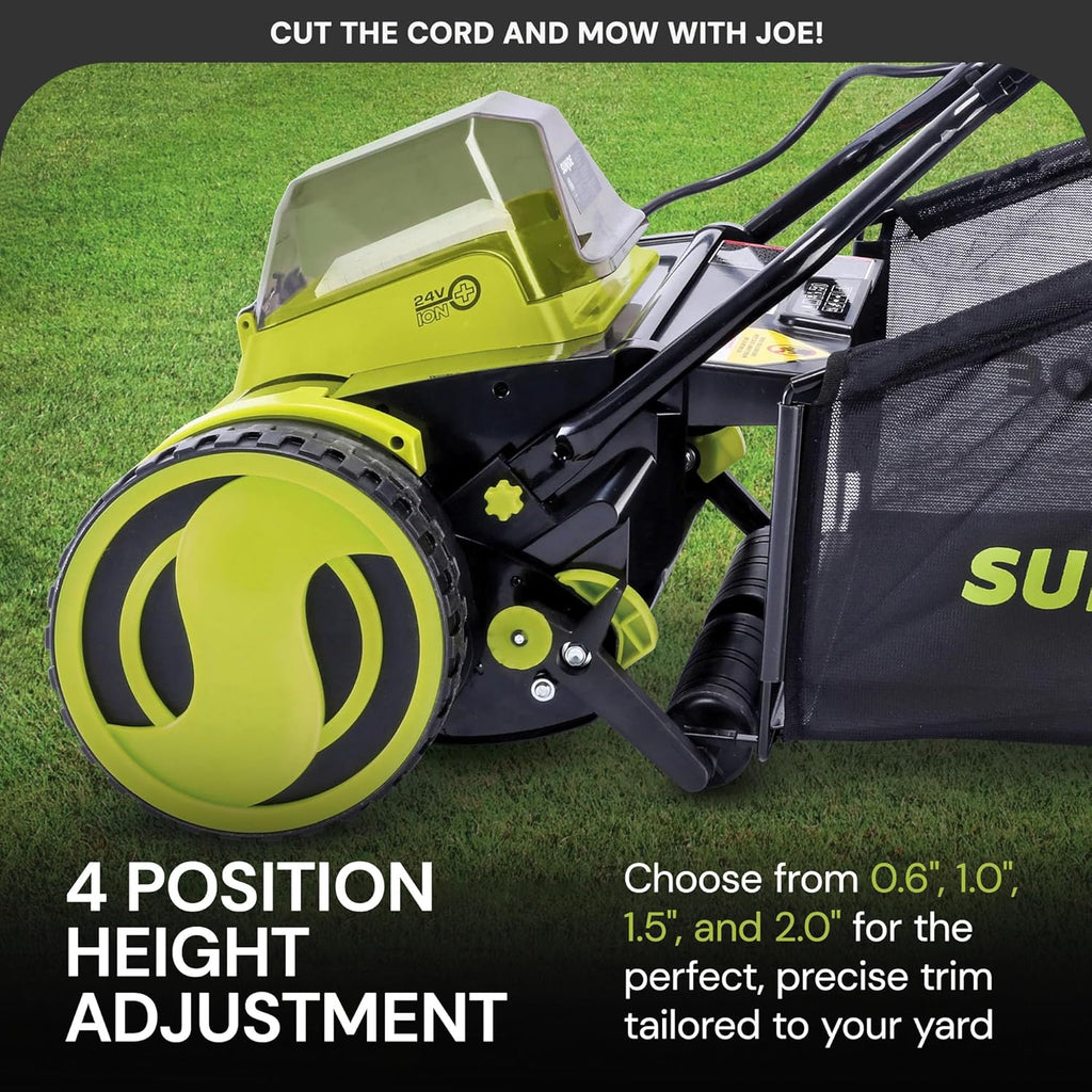 Sun Joe Cordless Electric Push Lawn Mower with 11.9-Gal Bag, 15-Inch Cutting Width, 360W Motor - Heavy-Duty Yard Trimmer for Gardening Care and Maintenance, IONMAX 24V-CRLM15