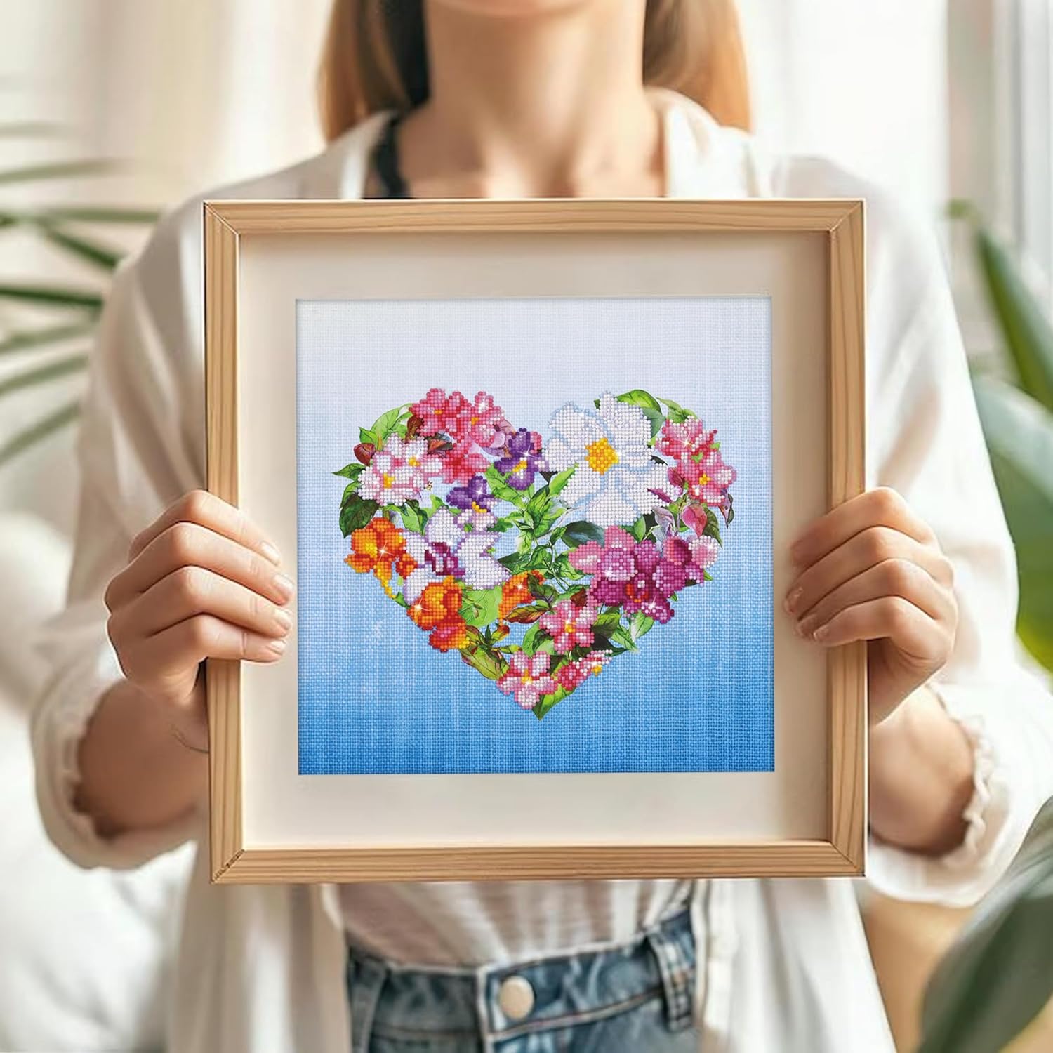 DIAMON DOT Flowe Hear wit Fram Flora Diamon Paintin Kit fo Adult Diamon Ar Kit Relaxin Creativ Craf Ki wit Dot Gem 14.5inchx14.5inch