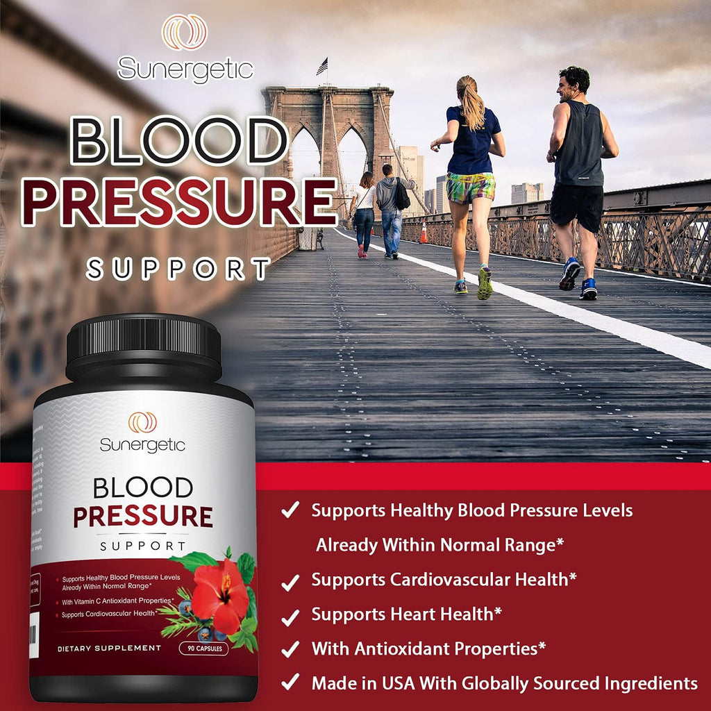 Sunergetic Premium Blood Pressure Support Supplement for Cardiovascular & Heart Health with Garlic, Hawthorn & Hibiscus (90 Capsules)