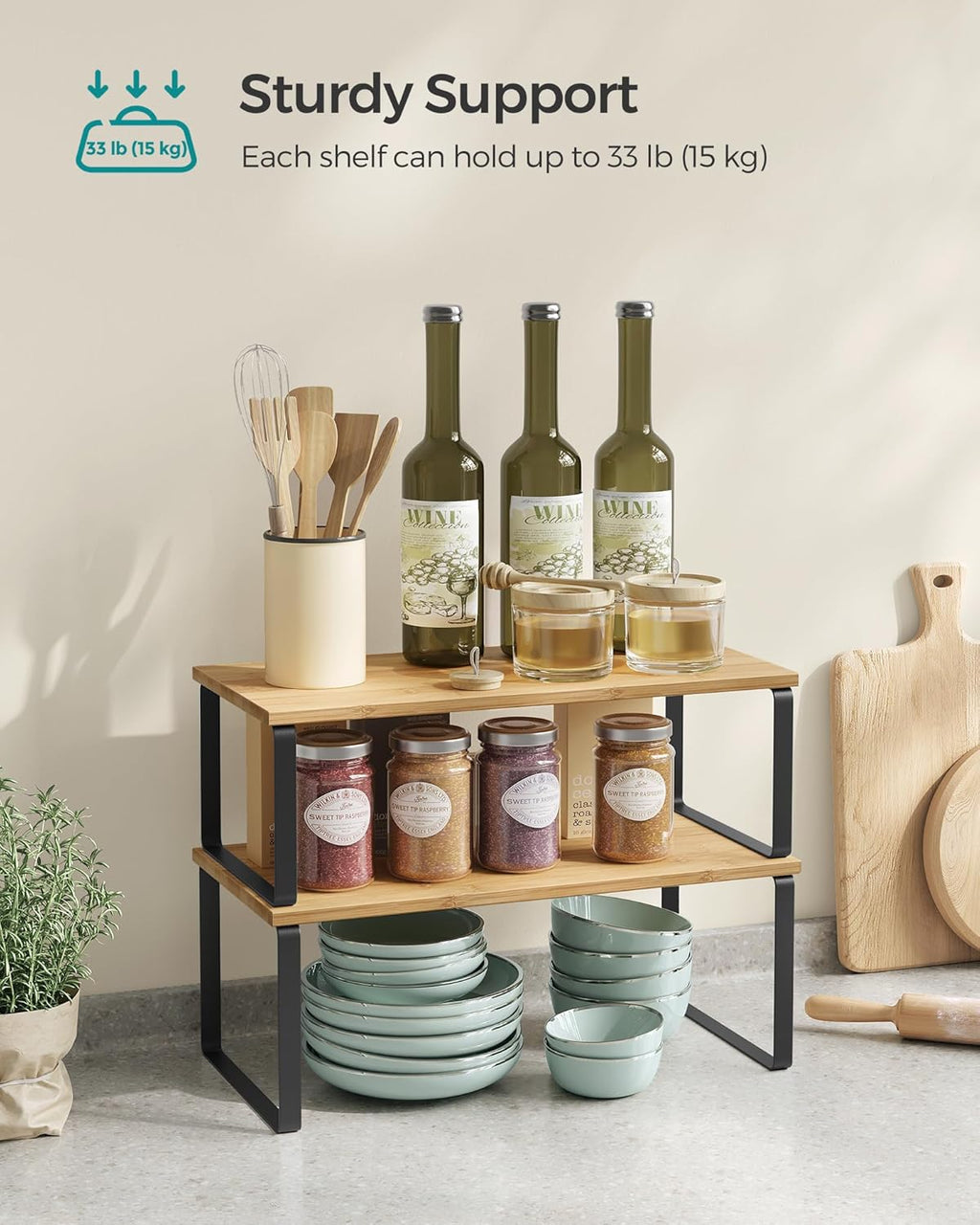 Cabinet Organizer Shelf, Set of 4 Kitchen Counter Shelves, Kitchen Storage, Spice Rack, Stackable, Expandable, Metal and Engineered Wood, Ink Black and Natural Beige UKCS210B01