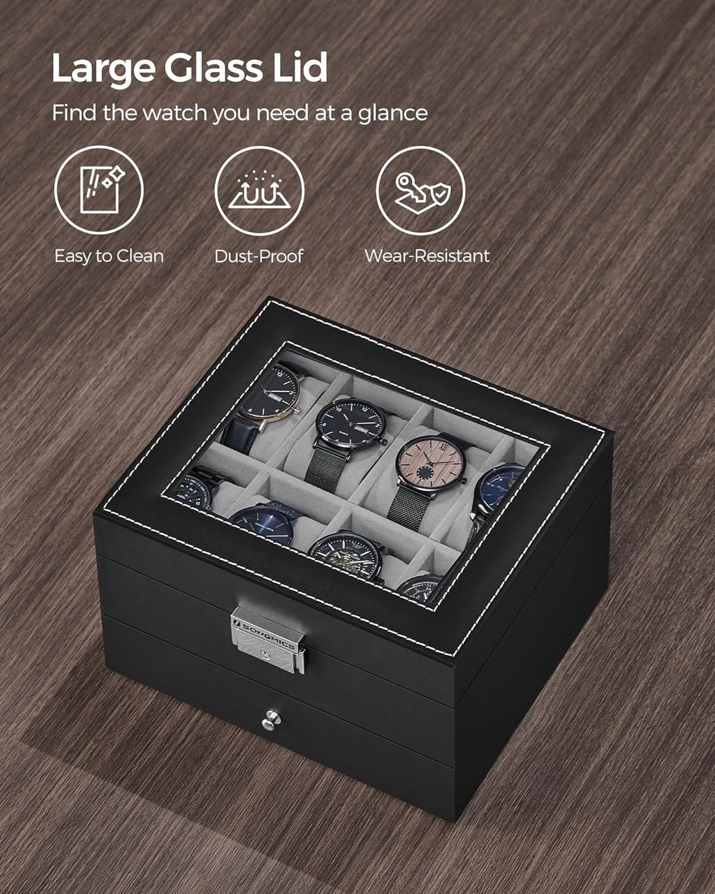 Watch Box, 8-Slot Watch Case Organizer with Large Glass Lid, 2 Layers, Removable Pillows, Metal Lock, Black Synthetic Leather, Christmas Gift, Greenish Gray Lining UJWB080G01