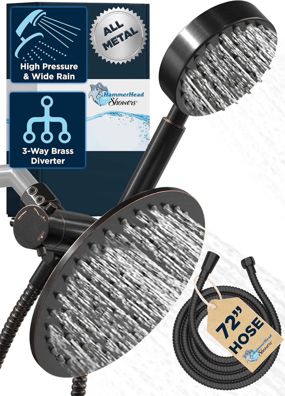 HammerHead Showers Solid Metal Dual Shower Head Combo ¨C OIL RUBBED BRONZE ¨C 8 Inch Rainfall High Flow Shower Head & Handheld Shower Head High Pressure with Hose 6ft - Hotel-Like Double Shower Heads