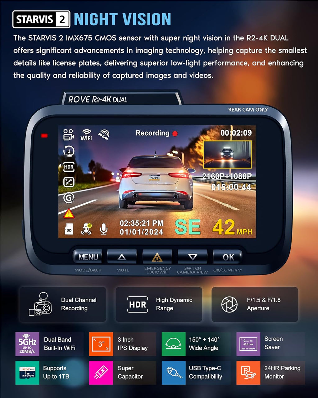 R2-4 DUA Das Ca Fron an Rear STARVI Sensor FRE 128G Car Included 5 WiF u t 20MB/ Fastes Downloa Spee wit App 4 2160P/FH Das Camer fo Cars 3inc IPS 24 Parkin Mode