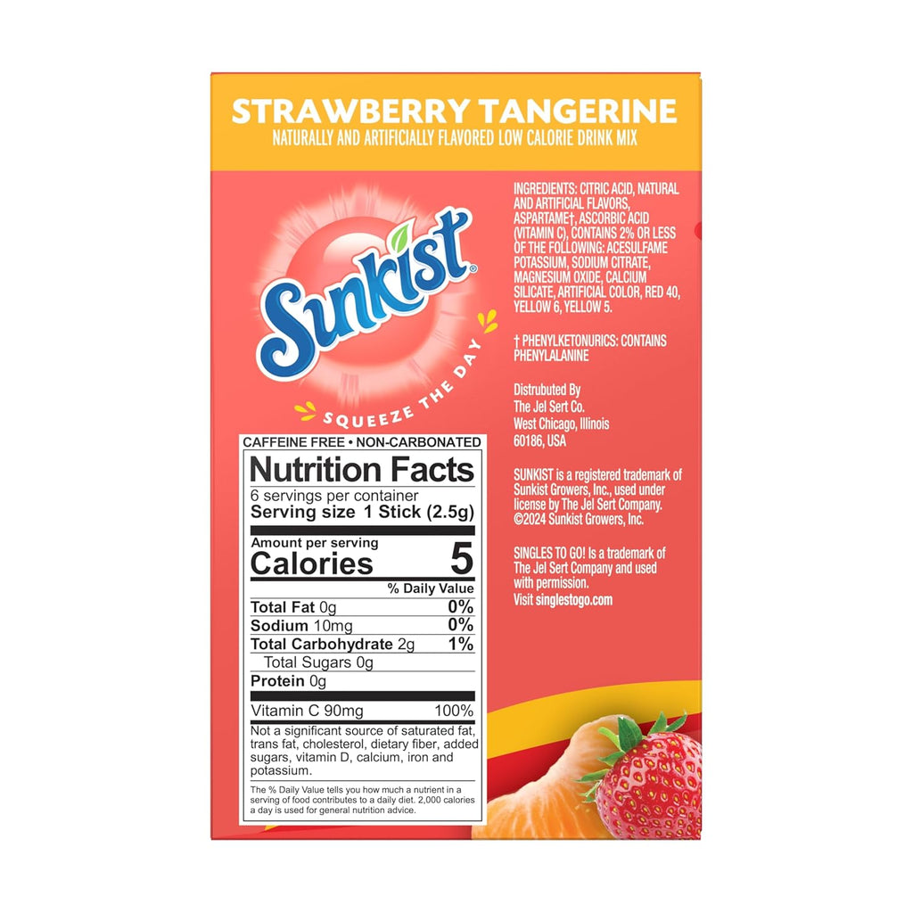 Sunkist Singles to go Drink Mix Packets, Strawberry Tangerine, 6-Count Box ¨C Powdered Drink Packets with Vitamin C, 72 Total Powder Sticks