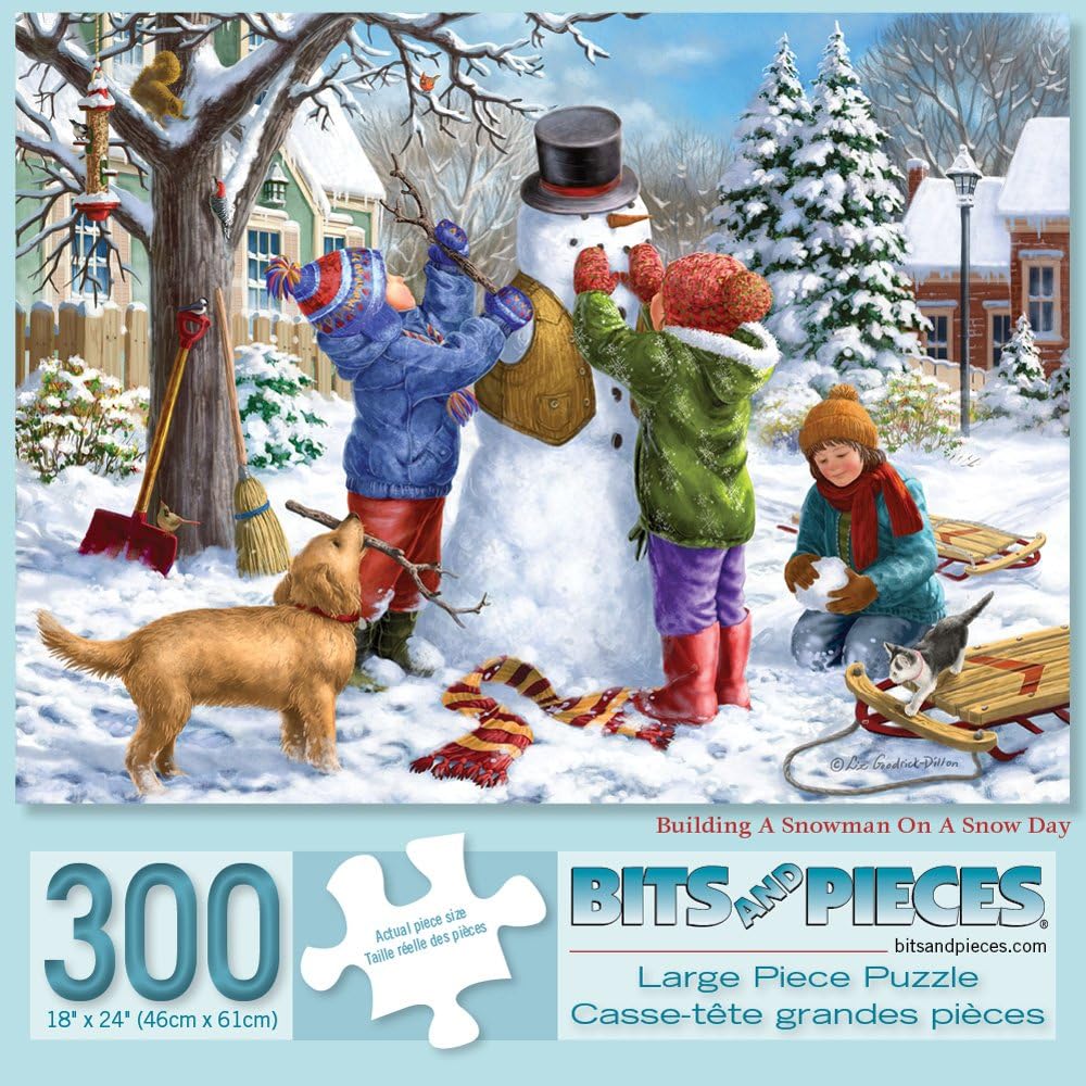Bits and Pieces ¨C Value Set of Two 300 Piece Jigsaw Puzzles for Adults ¨C Building a Snowman on a Snow Day, Sunrise Feasting - Winter Snow Jigsaw Puzzles by Artist Liz Goodrick - Dillon