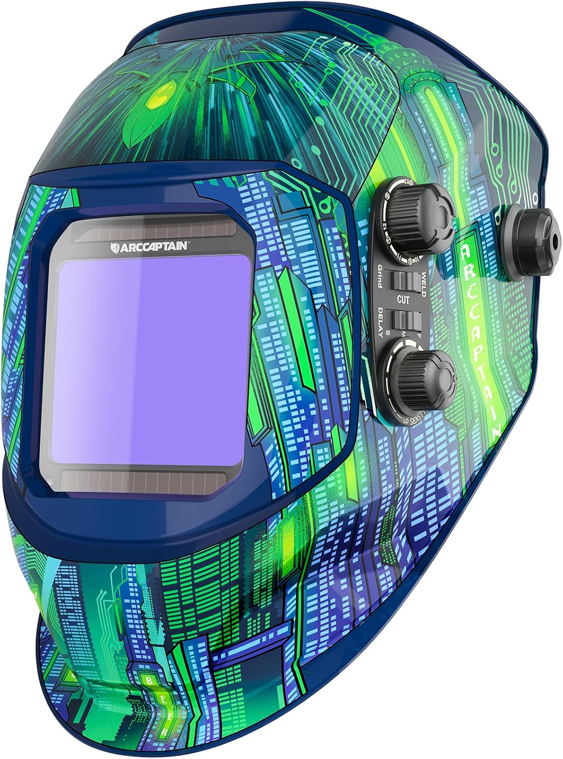 ARCCAPTAIN 3.94inchX3.66inch Large Viewing Screen Welding Helmet True Color Auto Darkening Welding Hood, Solar Powered 4 Arc Sensor, Wide Shade 4-5/5-9/9-13 for ARC TIG MIG Welding Mask(Cyber City Design)