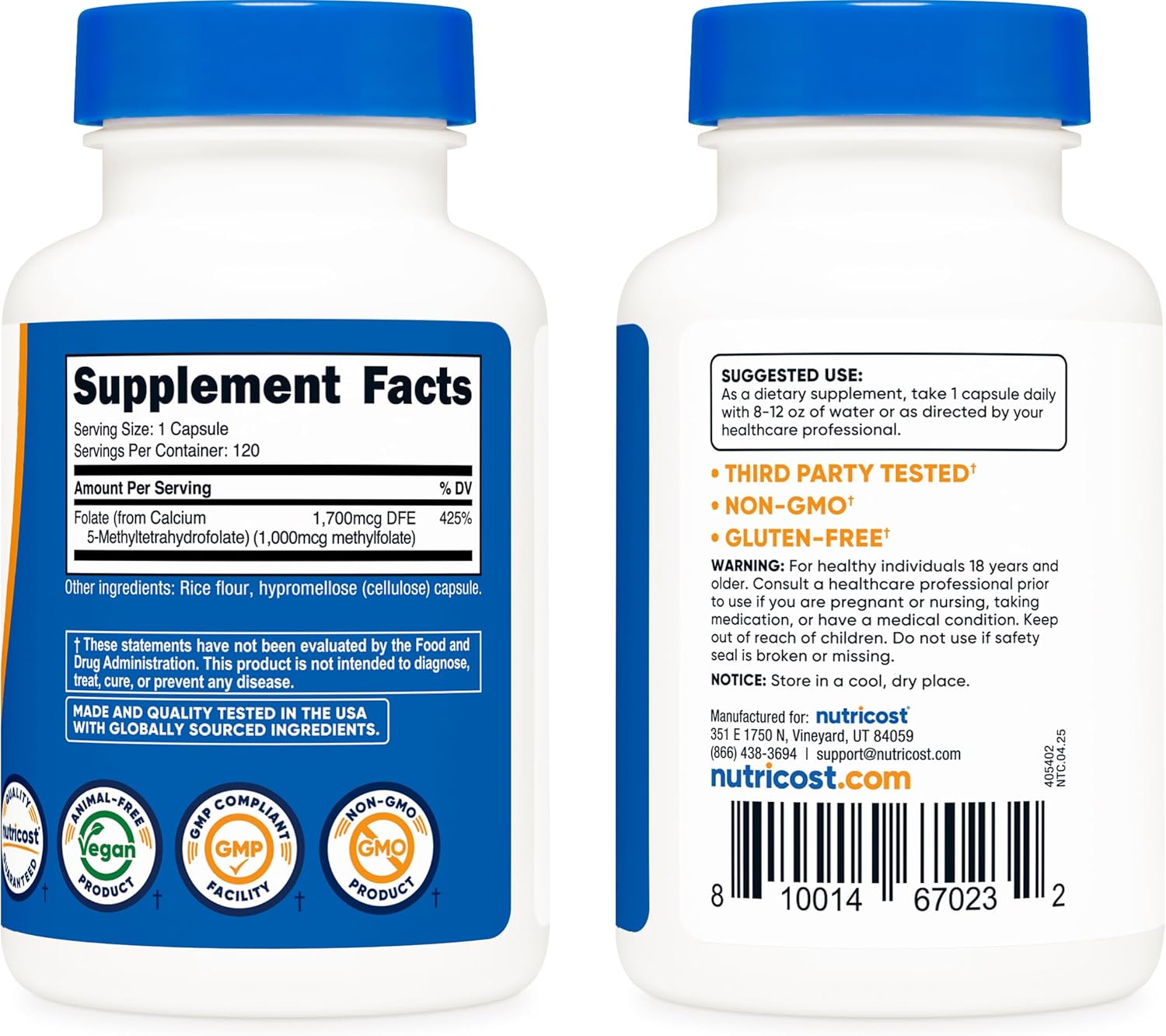 Nutricost Methylfolate 1000mcg, 120 Vegetarian Capsules - Gluten Free, Non-GMO