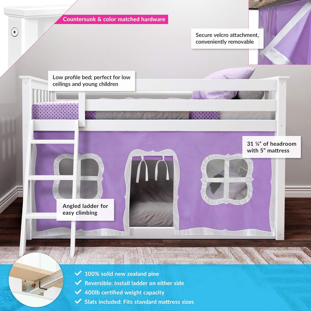 Max & Lily Low Bunk Bed, Twin-Over-Twin Bed Frame For Kids With Curtains For Bottom, White/Purple