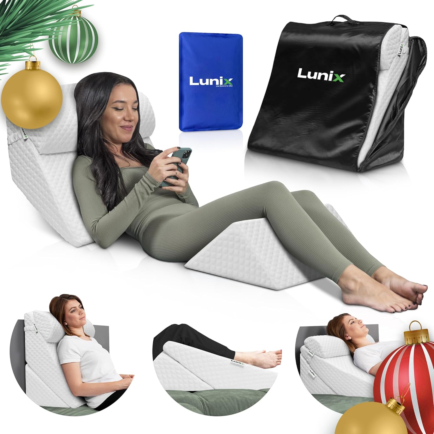 Lunix 3pcs Orthopedic Bed Wedge Pillow Set, Post Surgery Memory Foam for Back, Leg, and Knee Pain Relief, Adjustable Sitting Pillow for Sleeping, Acid Reflux, and GERD, with Hot Cold Pack, White