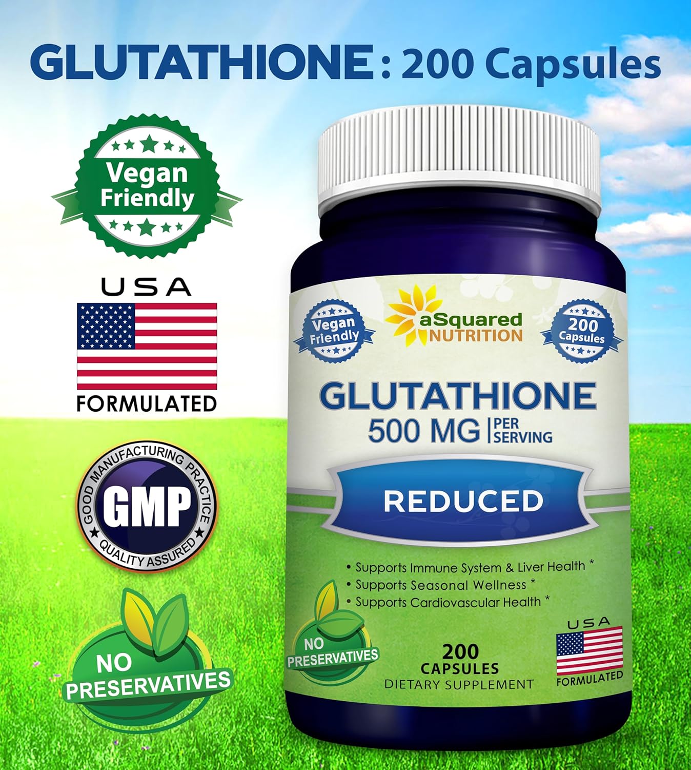 aSquare Nutritio Reduce Glutathion 500m Pe Servin Supplemen -20 Capsule -L-Glutathion Antioxidan t Suppor Live Healt Deto Ma Strengt Powde Pill t Hel Immun Brai Function