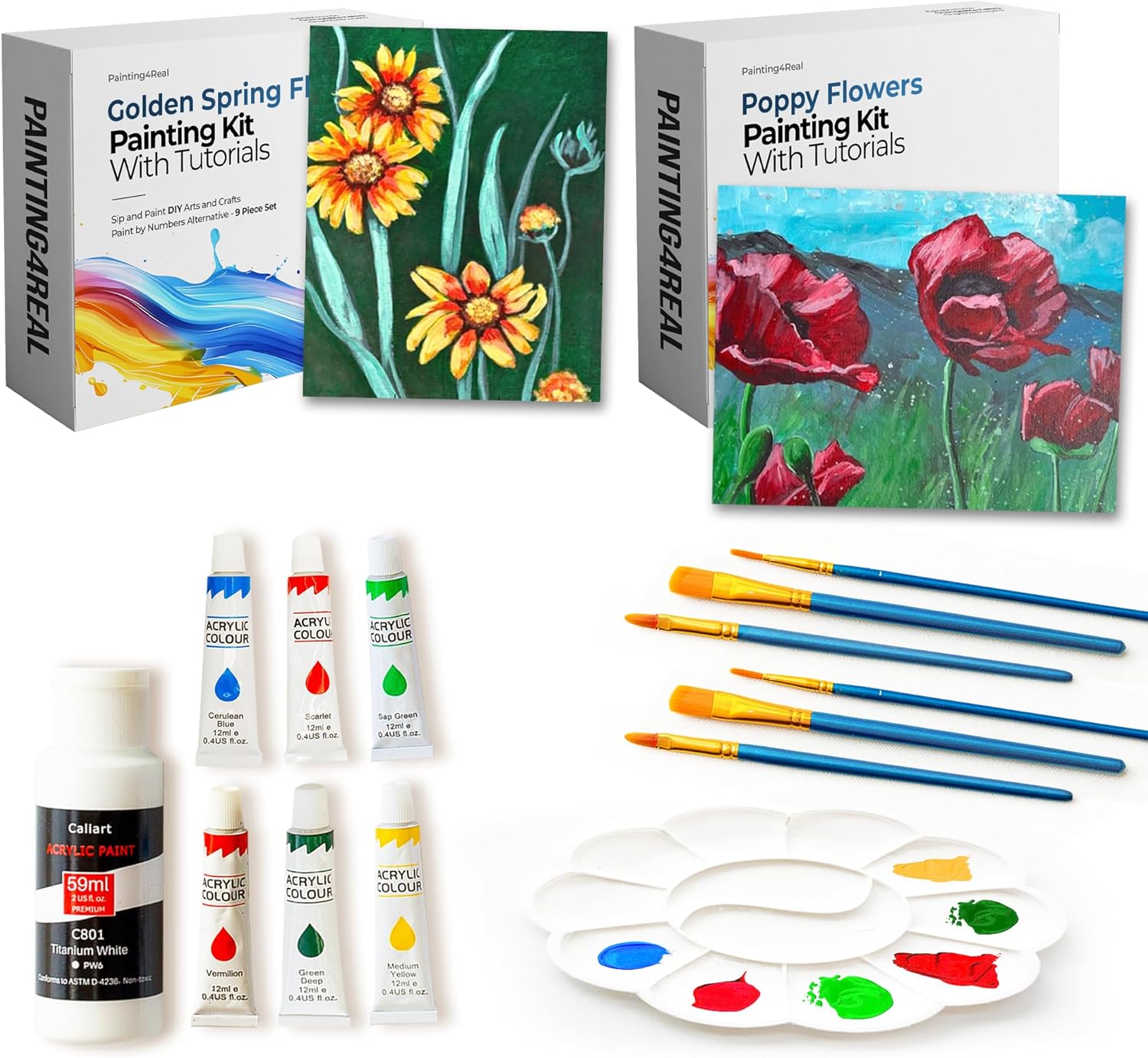 Painting4Rea DI Paintin Clas Kit fo Adult wit Vide Tutorials Lear t Pain Popp Flower an Golde Sprin Flowers