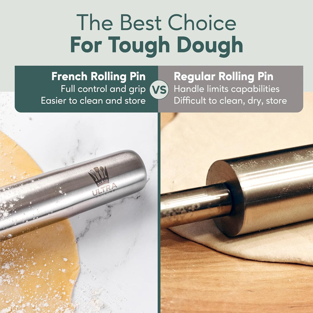 Ultra Cuisine French Rolling Pin for Baking ¨C Use with Pizza, Cookie, and Pastry Dough, Fondant and Pie Crust ¨C Tapered Design Bread Roller Pin, Stainless Steel 15.75-inch Large Roller Pin