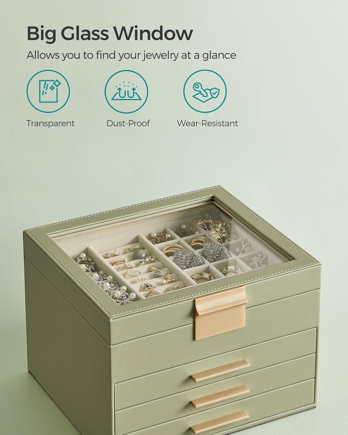 Jewelry Box Organizer with Glass Lid, 4-Layer Jewelry Storage, with 3 Drawers, Modern Style, Christmas Gift, 8 x 9.1 x 6.5 Inches, Avocado Green and Gold Color UJBC173C02