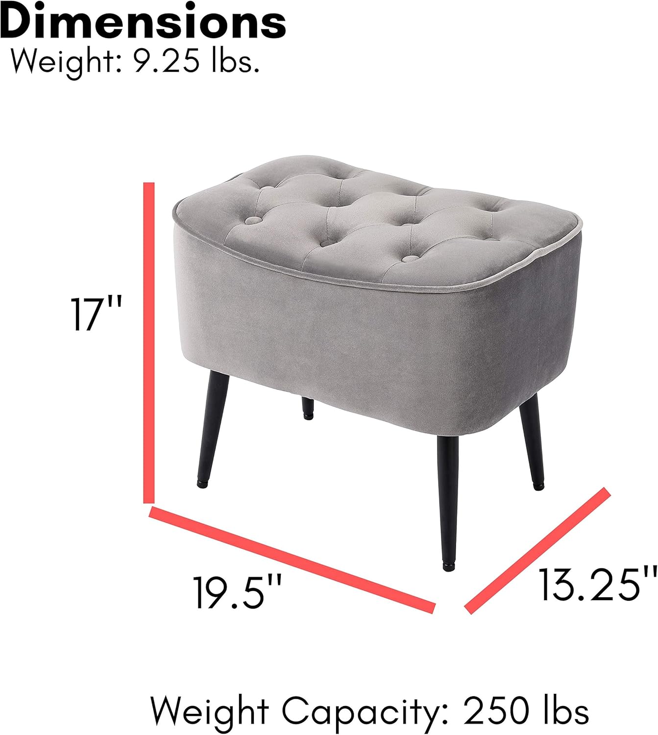 BIRDROCK HOME Tufted Curve Ottoman Velvet Foot Stool - Upholstered Padded Footrest for Living Room or Bedroom - Small Cushioned Accent Chair for Couch, Sofa, Large Seating - Modern Furniture - Grey
