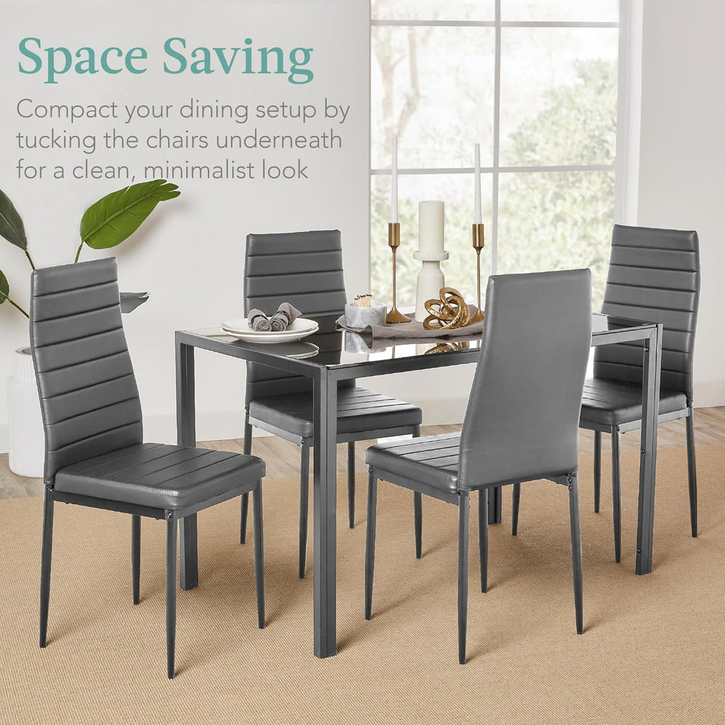 Best Choice Products 5-Piece Glass Dining Set, Modern Kitchen Table Furniture for Dining Room, Dinette, Compact Space-Saving w/Glass Tabletop, 4 Upholstered PU Chairs, Metal Steel Frame - Gray