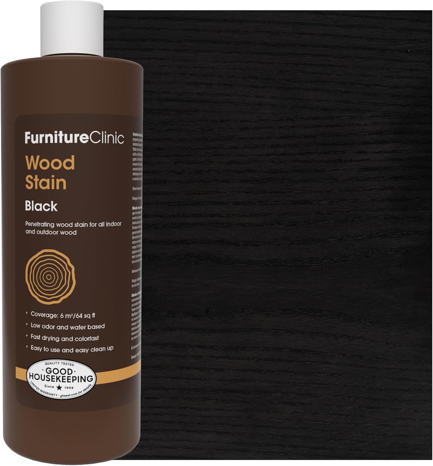 Furniture Clinic Wood Stain | Black | Water Based | Fast Drying, Low Odor, Non-Toxic | For Indoor Outdoor Furniture and More | Multiple Finishes | (17oz / 500ml)